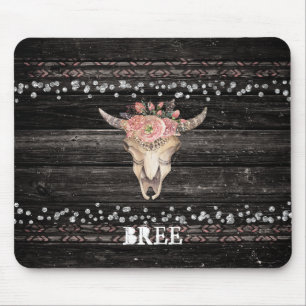 Rustikaler Blumenkuh-Schädel Boho-Chic Glam Silber Mousepad