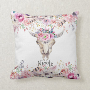 Rustikaler Blumenkuhschädel Boho Chic Glamour Maßa Kissen
