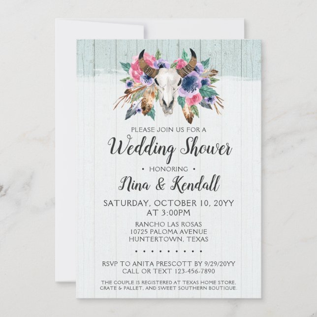 Rustikaler Blumenkuhschädel Polterabend Einladung (Vorderseite)