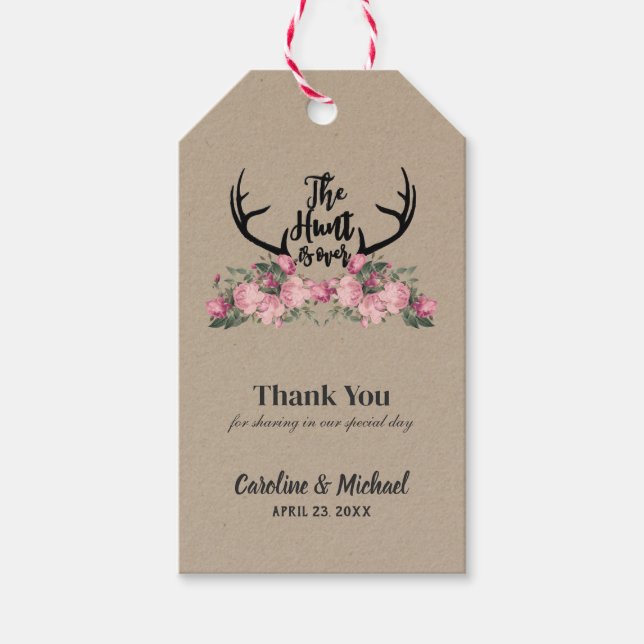 Rustikaler Blumenstrauß Die Jagd ist über Hochzeit Geschenkanhänger (Vorderseite)