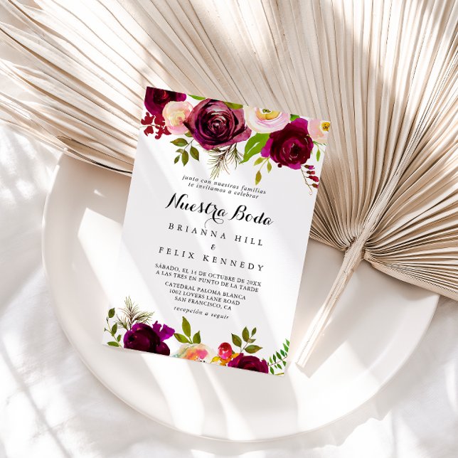 Rustikaler Blush Burgundy Floral Nuestra Boda Wedd Einladung (Von Creator hochgeladen)