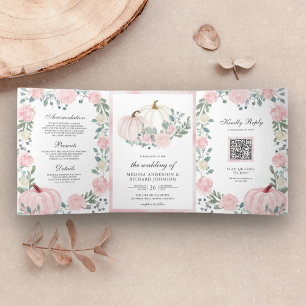 Rustikaler Blush Pink Floral Pumpkin QR Code Hochz Dreifach Gefaltete Einladung