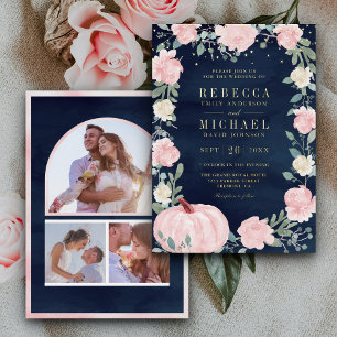 Rustikaler Blush-Rosa-Blumen-Kürbis-Navy-Hochzeit- Folieneinladung