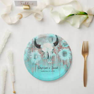 Rustikaler Boho Aquamariner Western Sunflowers Bul Pappteller