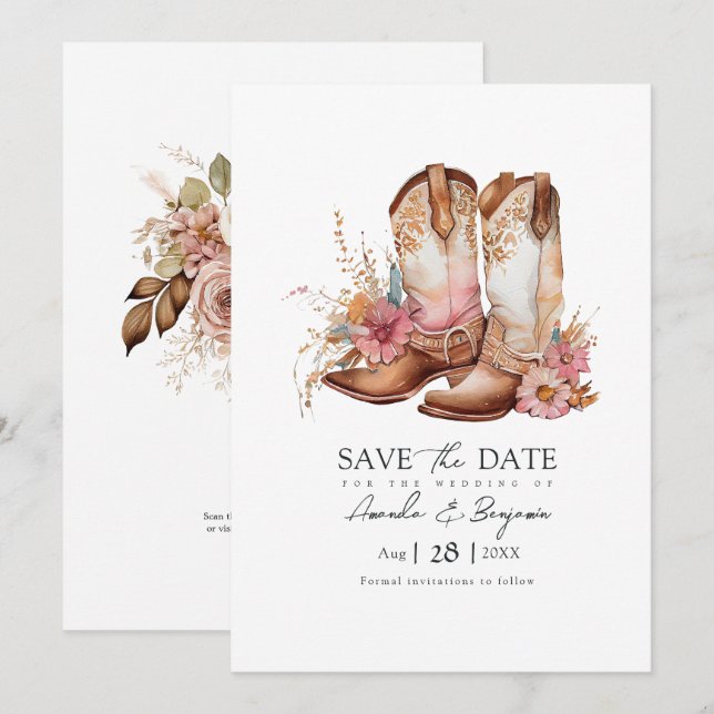 Rustikaler Boho Chic Western-Hochzeit-Cowboy-QR-Co Save The Date (Vorne/Hinten)