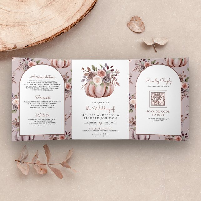 Rustikaler Boho Neutral Pumpkin Floral QR Code Hoc Dreifach Gefaltete Einladung (Von Creator hochgeladen)