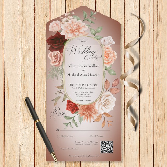 Rustikaler Boho Rust & Peach Floral Oval Rust QR C All In One Einladung (Also available without a QR code; with or without dinner selection options.)