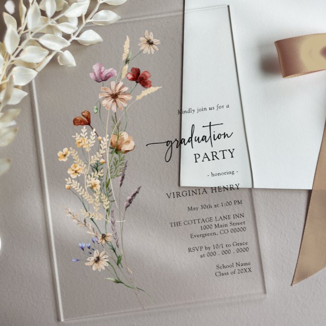 Rustikaler Boho Wildblume Abschluss Acryleinladungen (Rustic Boho Wildflower Graduation Party Acrylic Invitations by Painted Paperie
)