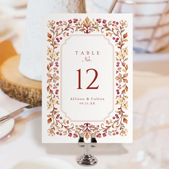 Rustikaler botanischer Blumenrahmen für die Herbst Tischnummer (Rust Vintage Botanical Floral Frame Fall Wedding Table Number)