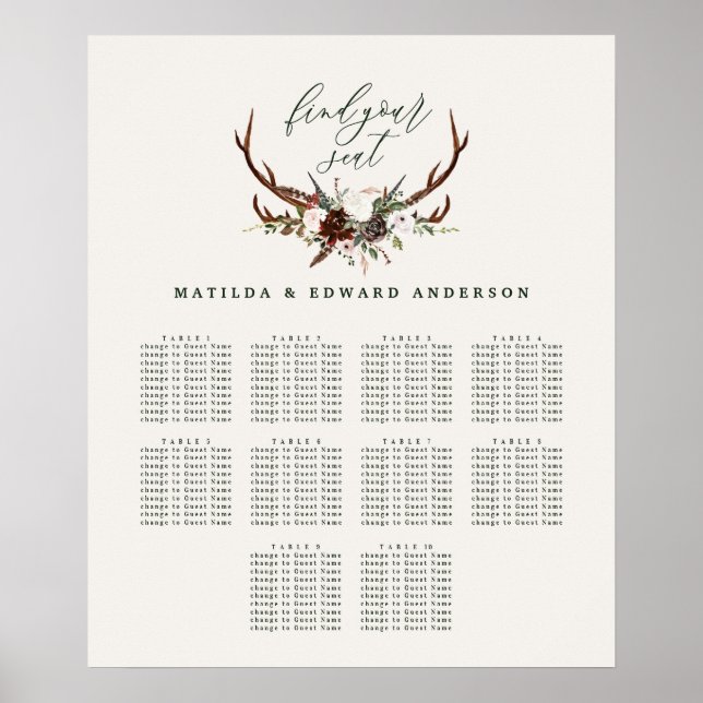 Rustikaler botanischer Hochzeitsplan Poster (Vorne)