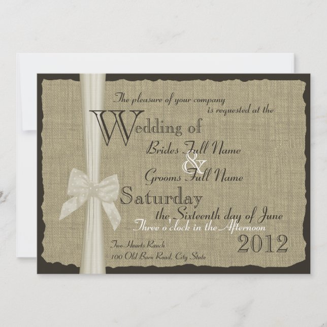 Rustikaler Bow und Burlap Wedding 7,5 in. Einladung (Vorderseite)