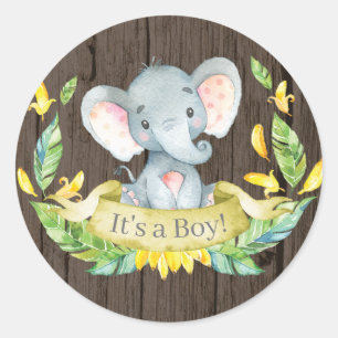 Rustikaler Boy Elephant Babydusche gelb Runder Aufkleber