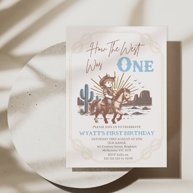 Rustikaler brauner Rahmen wie West war ein 1. Gebu Einladung (How the West Was One Birthday Invitation Printable, Western Cowboy 1st Birthday Invitation Template)