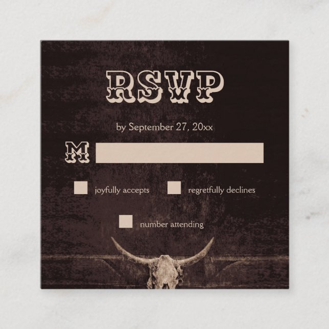 Rustikaler brauner Western Bull Skull Wedding RSVP Begleitkarte (Vorderseite)