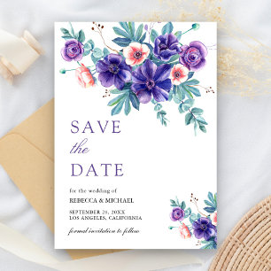 Rustikaler Brautstrauß aus violetten Anemonen Save The Date