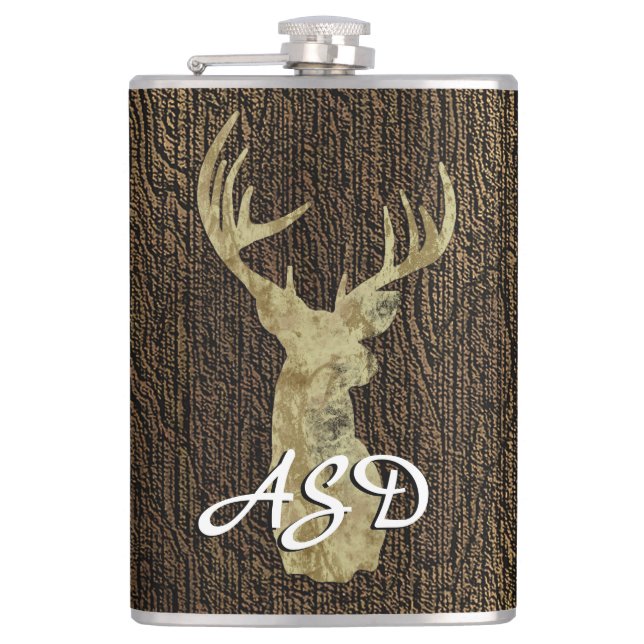 Rustikaler Buck Deer Junting Monogram Flask Flachmann (Vorderseite)