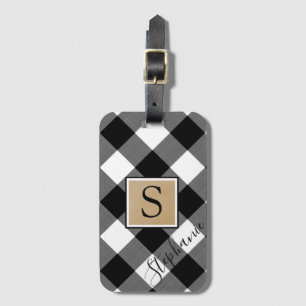 Rustikaler Buffalo Kariert Monogram Name Schwarz-w Gepäckanhänger