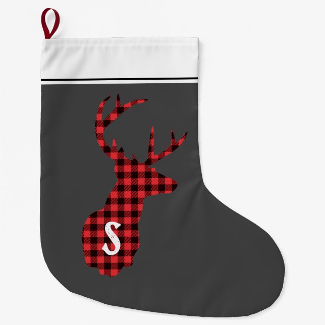 Rustikaler Buffalo Karo Deer Red Black Monogram Großer Weihnachtsstrumpf (Vorderseite)