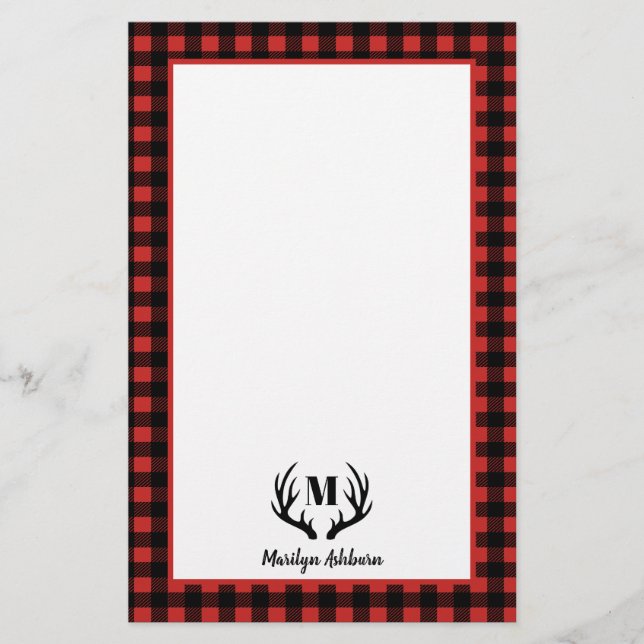 Rustikaler Buffalo Karo Kariert & Black Antlers Briefpapier (Vorderseite)