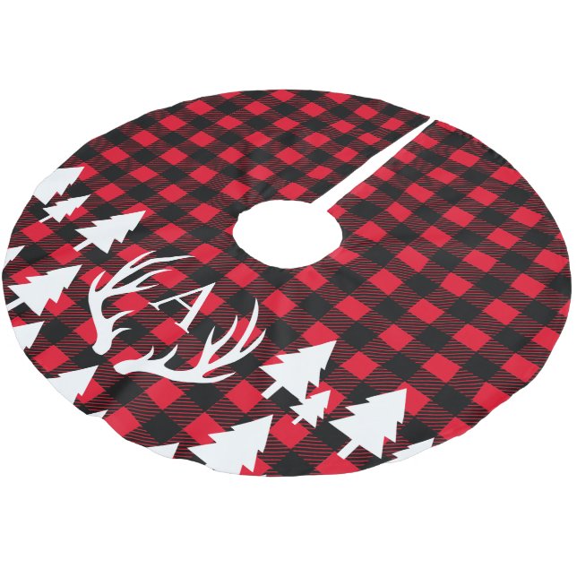 Rustikaler Buffalo Karo Karierte Weiße Hirschfäule Polyester Weihnachtsbaumdecke (Schrägansicht)