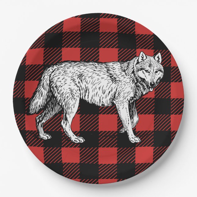 Rustikaler Büffel-Karo kariert u. Wolf Pappteller (Vorderseite)