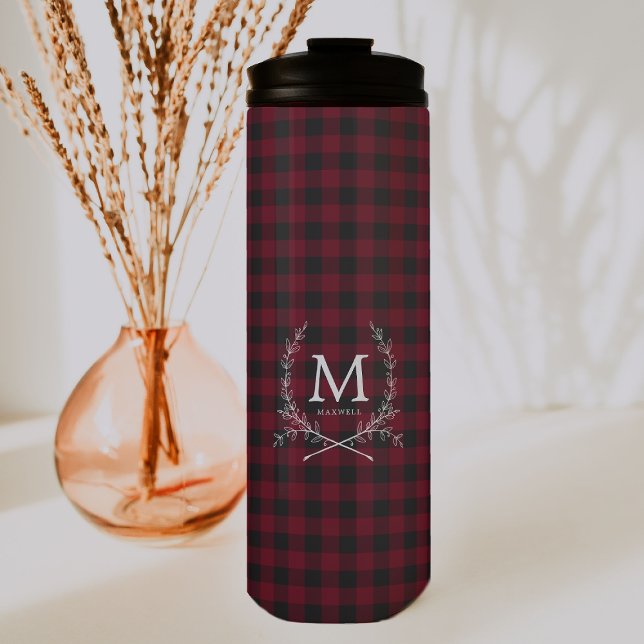Rustikaler Büffel-Karo-Monogramm-Tartan Thermosbecher (Von Creator hochgeladen)