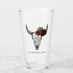 Rustikaler Bullenschädel und Rose Familienname Glas