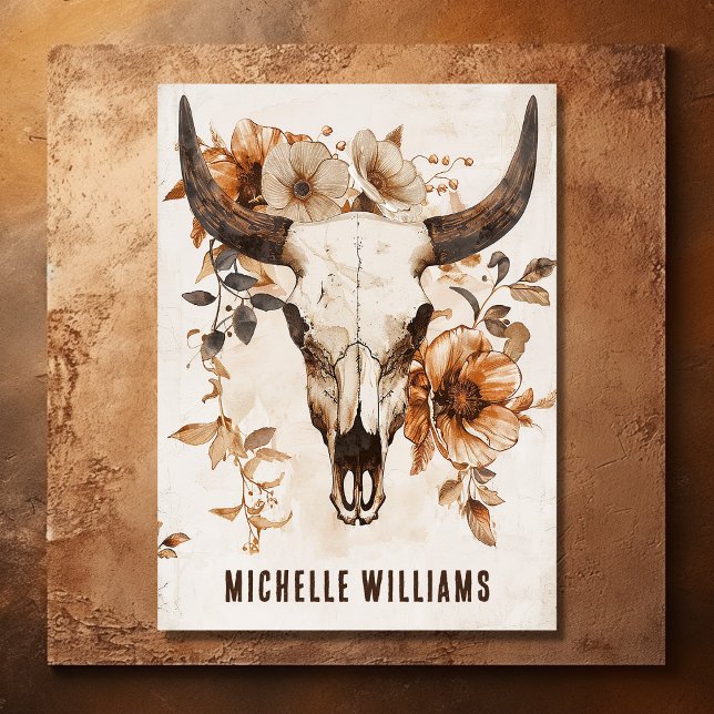 Rustikaler Bullkuhschädel und Blume Boho Western Visitenkarte (Front - Rustic Bull Cow Skull and Flowers Boho Western Business Card)
