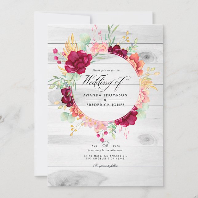 Rustikaler Burgund-Blush-Floral QR-Code Hochzeit Einladung (Vorderseite)