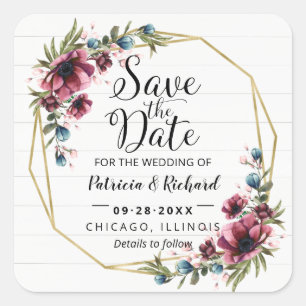 Rustikaler Burgunder Blumen Hochzeit Save The Date Quadratischer Aufkleber
