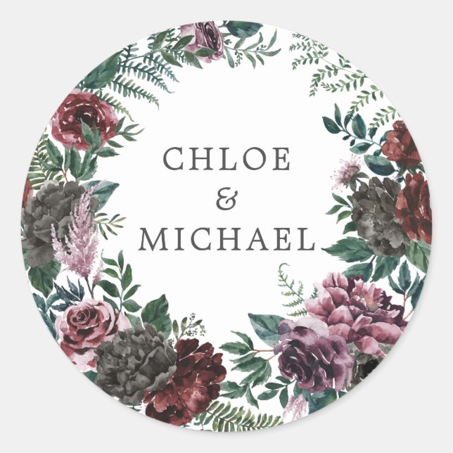 Rustikaler Burgunder Red Floral Wedding Umschlag A Runder Aufkleber (Vorderseite)
