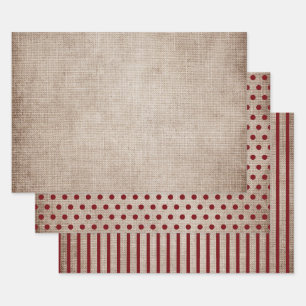 Rustikaler Burlap Burgundy Polka Dots Streifen fes Geschenkpapier Set