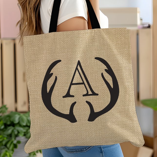 Rustikaler Burlap Deer Antler Mit Monogramm Tote B (Von Creator hochgeladen)