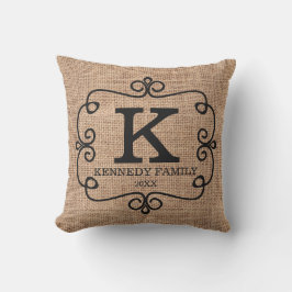 Rustikaler Burlap Familienname Mit Monogramm Kissen Für Draußen