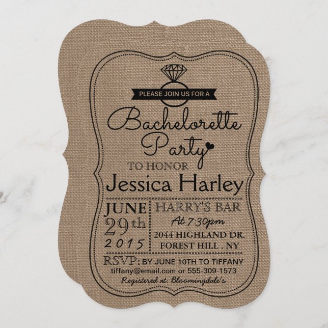 Rustikaler Burlap-Junggeselinnen-Abschied Einladung (Vorne/Hinten)