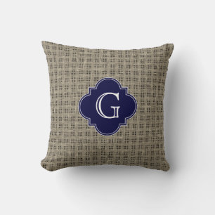 Rustikaler Burlap-Look, Navy Blue Quatrefolie Mono Kissen