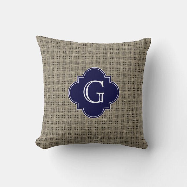 Rustikaler Burlap-Look, Navy Blue Quatrefolie Mono Kissen (Vorderseite)