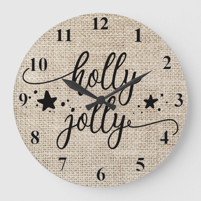 Rustikaler Burlap mit Holly Jolly Clock Große Wanduhr (Vorderseite)