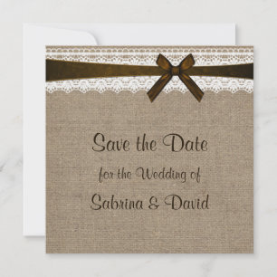 Rustikaler Burlap und Vintage Spitzen Save the Dat Date