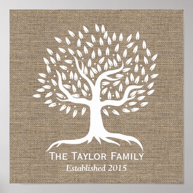 Rustikaler Burlap Vintag Tree Familienname etablie Poster (Vorne)