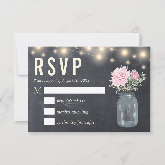 Rustikaler Chalkboard Peony Floral Mason | RSVP-Ka Einladung (Vorderseite)