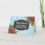 Rustikaler Chalkboard Vater im Gesetz frohe Weihna Karte<br><div class="desc">Fröhliche Weihnachten für den Vater in der Rechtskarte mit rustikalem Landkreidemuster und Winterfolien mit Poinsettias.</div>