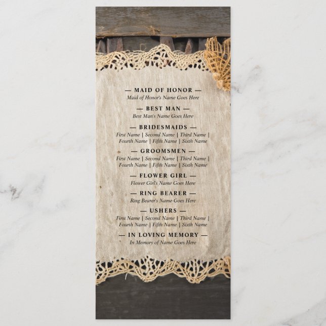 Rustikaler Charm Wedding Burlap & Lace Barn Wood Programm (Rückseite)