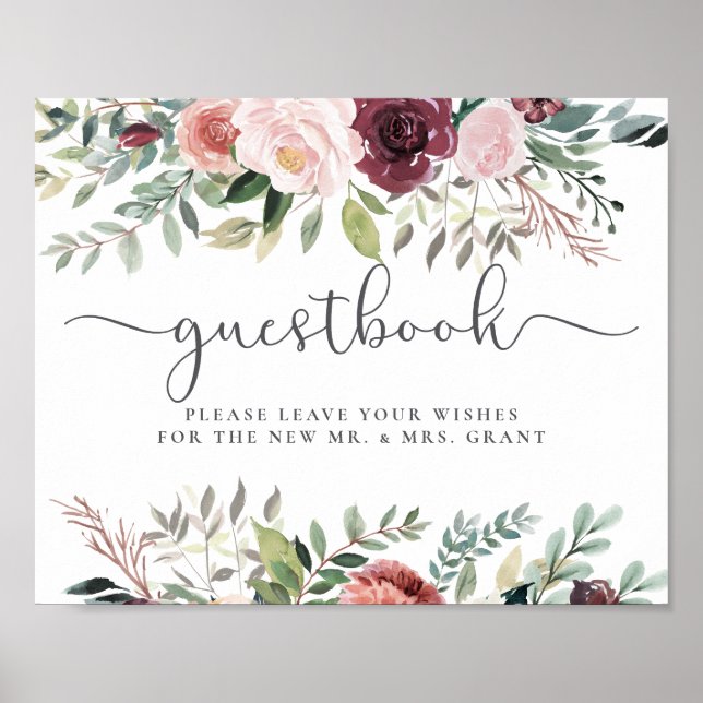 Rustikaler Charme Burgund Blush Pink Blues Hochzei Poster (Vorne)