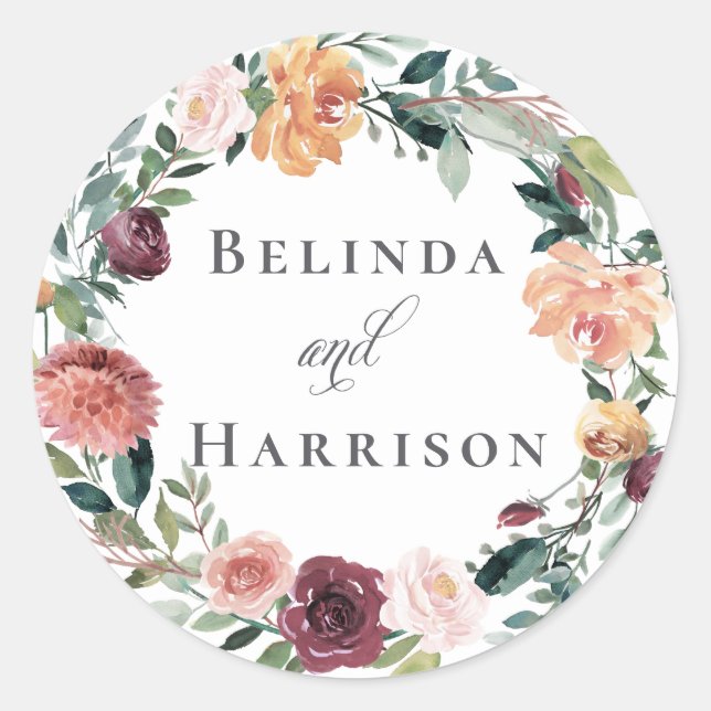 Rustikaler Charme Burgund Blush Pink Blues Hochzei Runder Aufkleber (Vorderseite)