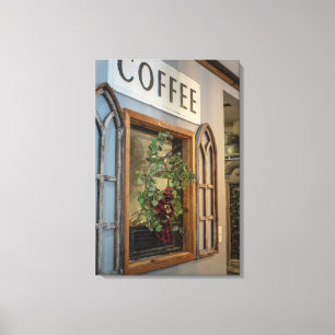 Rustikaler Charme: Vintages Fenster und Kaffeezeic Leinwanddruck