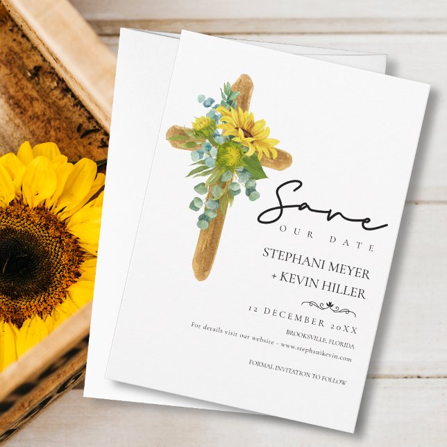 Rustikaler Chic Boho Sonnenblumen Cross Wood Weddi Save The Date (Von Creator hochgeladen)