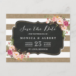 Rustikaler Chic Burlap Stripes Save the Date flora Ankündigungspostkarte