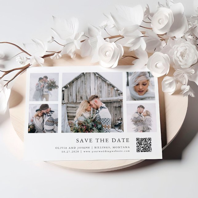 Rustikaler Chic | Mehrbild-Gitter-QR-Code-Hochzeit Save The Date (Von Creator hochgeladen)