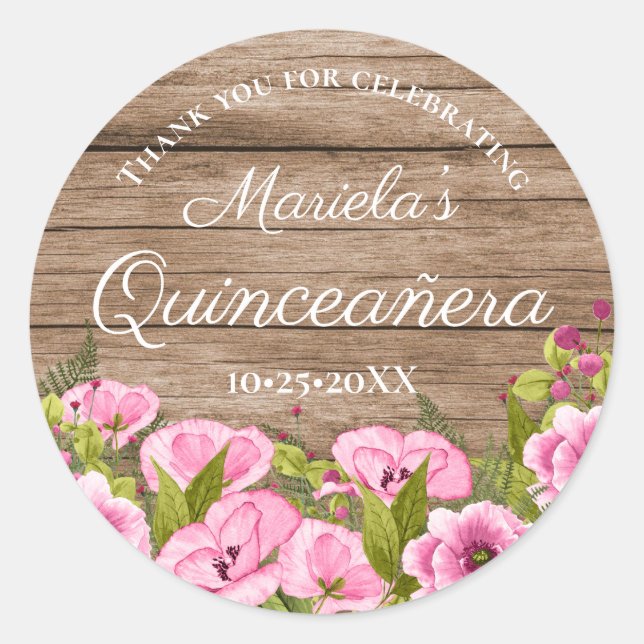 Rustikaler Chic Pink Floral Quinceañera Vielen Dan Runder Aufkleber (Vorderseite)